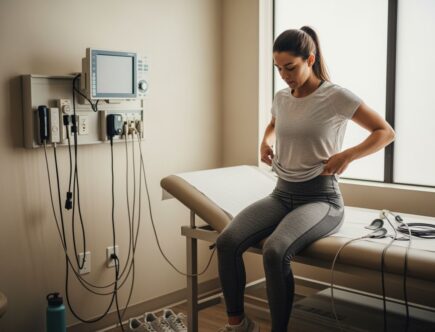 Žena pri príprave na EKG test v zdravotníckom zariadení.