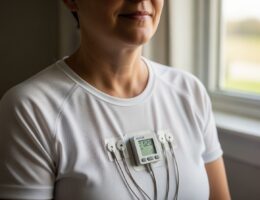 Stredný vek osoba v bielom tričku s Holter EKG monitorom na hrudi v prirodzenom vnútornom prostredí