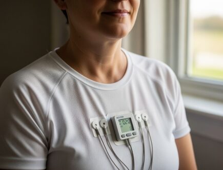 Stredný vek osoba v bielom tričku s Holter EKG monitorom na hrudi v prirodzenom vnútornom prostredí