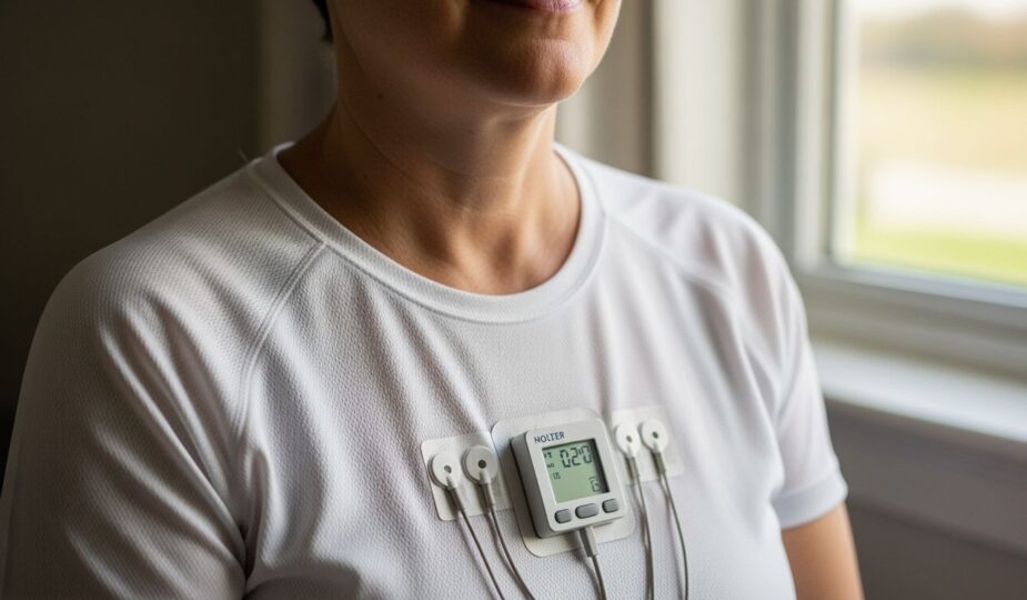 Stredný vek osoba v bielom tričku s Holter EKG monitorom na hrudi v prirodzenom vnútornom prostredí