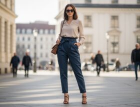 Štýlová žena v meste, stojaca v vysokých nohaviciach a blúzke, s nohami v podpätkoch, za denného svetla.