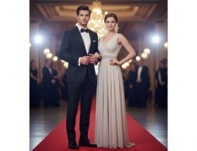 Muž v smokingu a žena v večerných šatách na červenom koberci pred luxusným miestom večera.