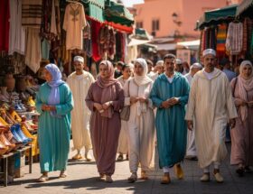 Marocká trhová ulica s ľuďmi v tradičnom odeve, stánky s textíliami, korením a keramikou na slnku