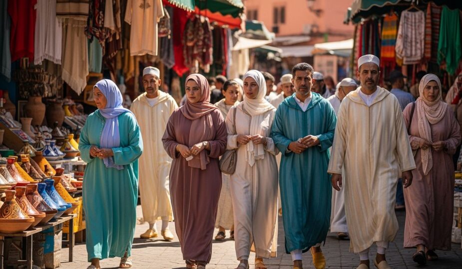 Marocká trhová ulica s ľuďmi v tradičnom odeve, stánky s textíliami, korením a keramikou na slnku