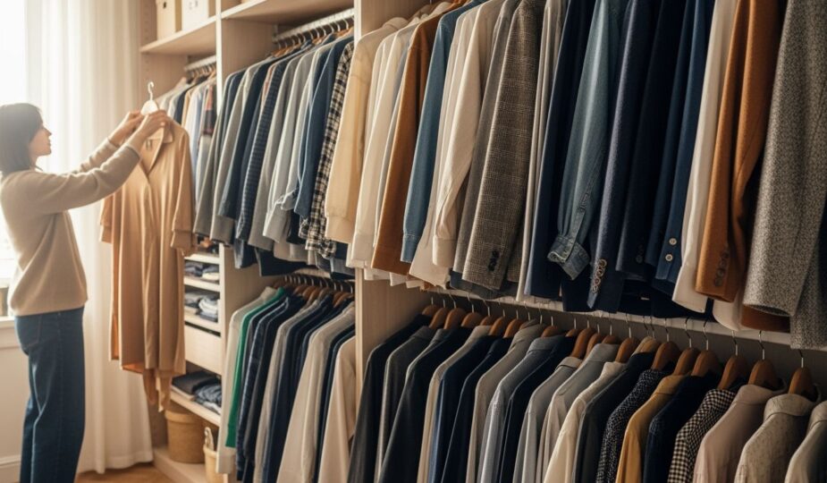 Organizovaný šatník s rôznymi odevmi, osobou vyberajúcou si oblečenie na drevenej podlahe.
