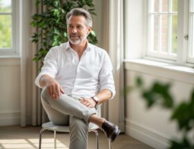 Muž sedí na stoličke v bielej košeli a nohaviciach, pri prirodzenom svetle v jednoduchej miestnosti.