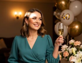 Štýlová žena oslávajúca 40. narodeniny v midi šatách v teplom interiéri s balónmi a kvetmi.