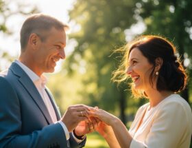 stredného veku pár si vymieňa svadobné prstene v slnečnom parku s výhľadom na stromy