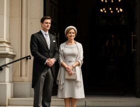 Muž v obleku a žena v šatách stoja pred vstupom do kostola v miernom dennom svetle