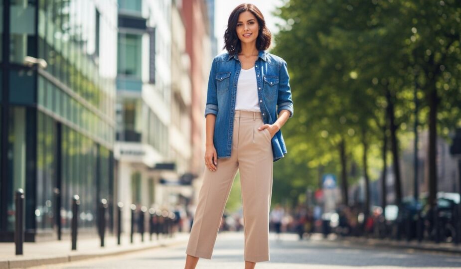 Mladá žena v džínsovej košeli a bielom tričku stojí na slnečnej mestskej ulici medzi budovami a zeleňou