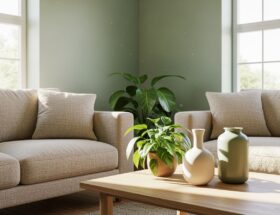 Fotorealistický záber moderného rohu obývačky so zelenou stenou, béžovou sedačkou a dreveným stolíkom