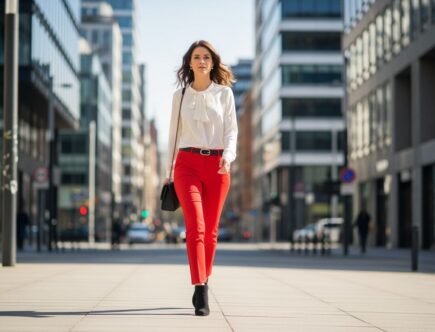 žena kráča po meste v červených nohaviciach a bielej blúzke s čiernymi členkovými topánkami