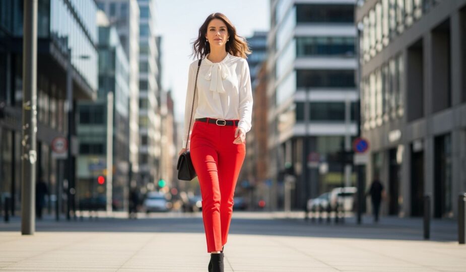 žena kráča po meste v červených nohaviciach a bielej blúzke s čiernymi členkovými topánkami