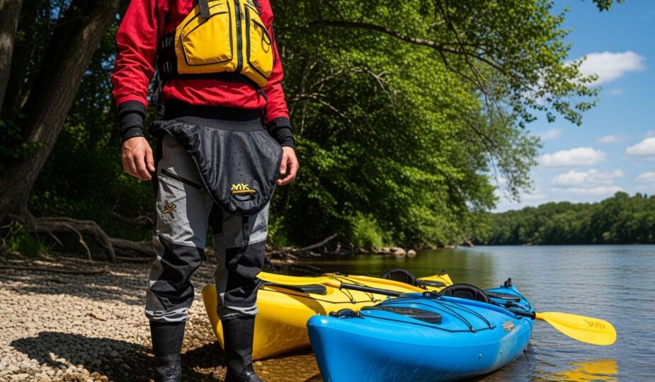 Osoba v nepremokavom oblečení stojaca pri kajaku na brehu rieky obklopená stromami.