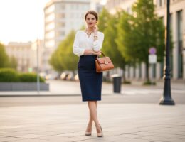 Žena v modrej sukni a bielej blúzke stojí na meste počas zlatého svetla.