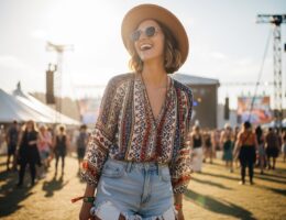 Mladá žena na hudobnom festivale v rifľových šortkách, blúzke, klobúku a okuliaroch, usmievajúca sa medzi davom