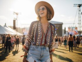 Mladá žena na hudobnom festivale v rifľových šortkách, blúzke, klobúku a okuliaroch, usmievajúca sa medzi davom