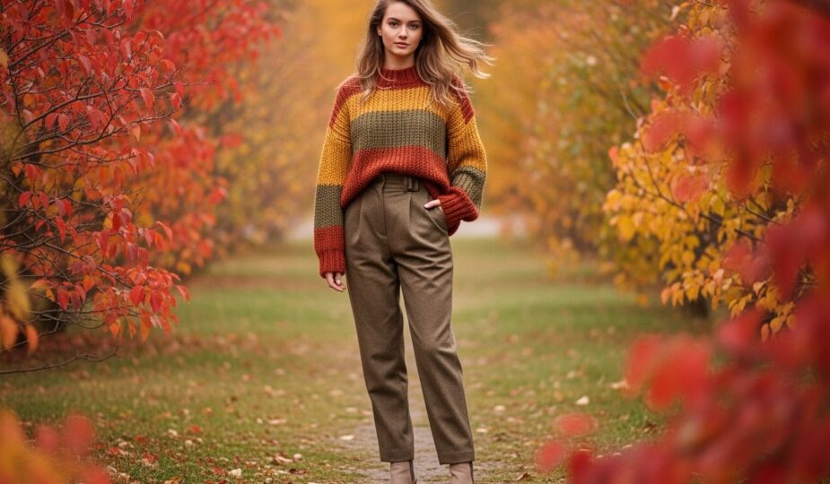 Mladá žena v jesennom svetri a nohaviciach stojaca vonku medzi farebnými stromami.