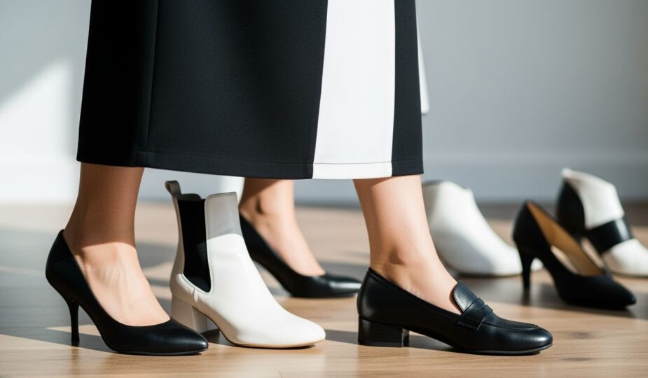 Žena v čiernobielych šatách so štýlovými čiernymi lodičkami, bielymi členkovými čižmami a čiernymi mokasínmi.