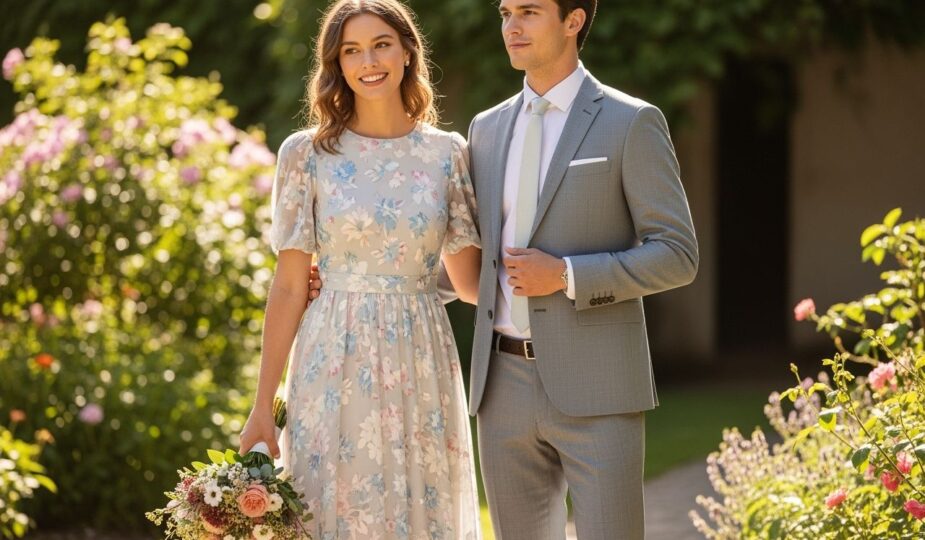 Mladý pár na svadbe v záhrade, žena v pastelových šatách, muž v šedom obleku, držiaci kyticu kvetov.