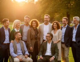 Skupina stredovekých ľudí na neformálnom stretnutí v parku počas zlatého svetla.