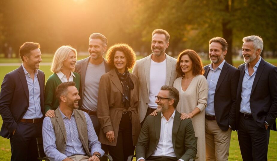 Skupina stredovekých ľudí na neformálnom stretnutí v parku počas zlatého svetla.