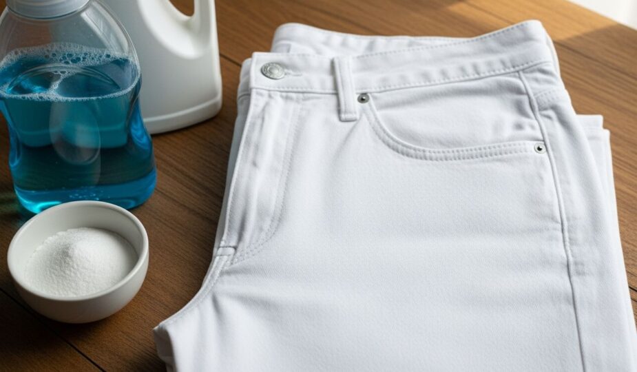 Biele džínsy na drevenom povrchu s pracím práškom a sódou bikarbónou vedľa nich.