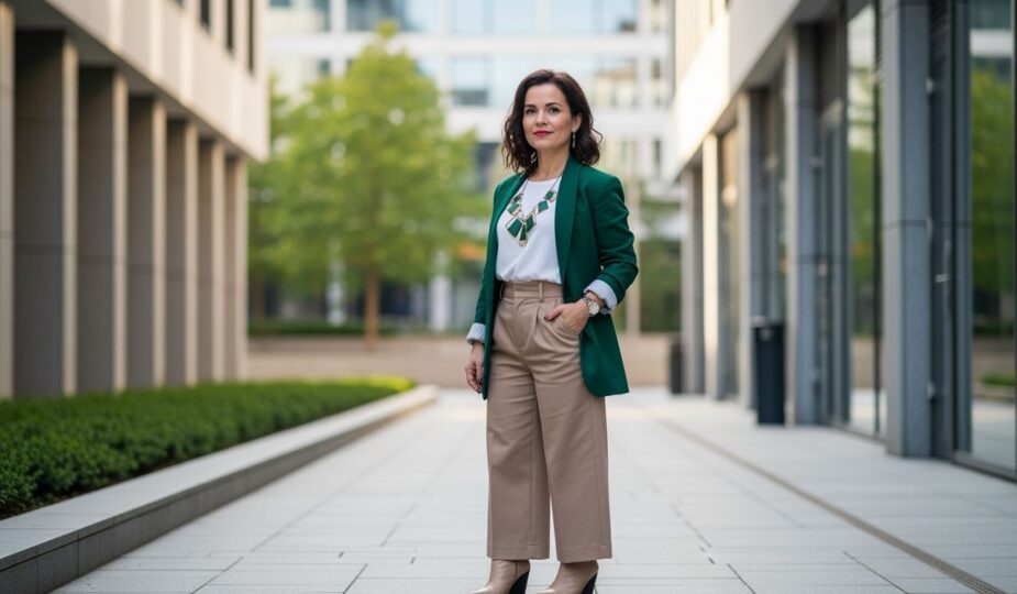 Se­ba­ve­domá drobná žena v módnom oblečení stojaca v modernom mestskom prostredí.