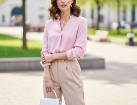 Žena v pastelovej blúzke a nohaviciach stojí vonku s bielou kabelkou, zlatými šperkami a vlnitými vlasmi.