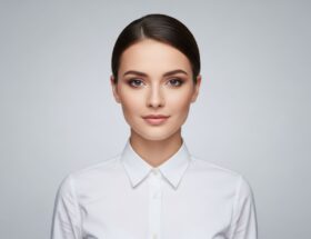 Mladý dospelý v bielej košeli na svetlom šedom pozadí s neutrálnym výrazom tváre.