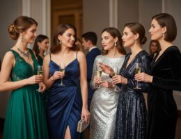skupina žien na večierku s pohármi šampanského v elegantnom prostredí s mäkkým osvetlením