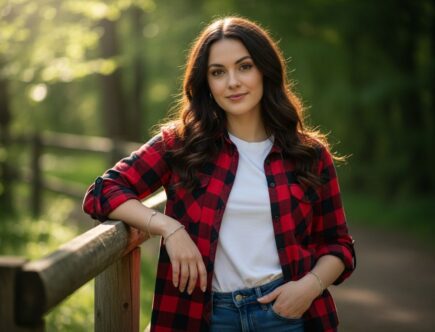 žena v károvanej červeno-čiernej košeli opretá o drevený plot v prírode s rozmazaným zeleným pozadím