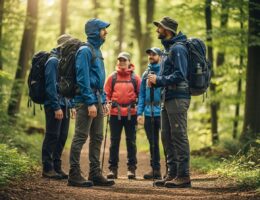 Skupina turistov na lesnej ceste v odbornej výstroji pripravená na rôzne počasie.