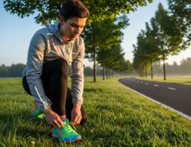 Mladý bežec zaväzuje šnúrky na farebných teniskách v parku pri rannej prírode.
