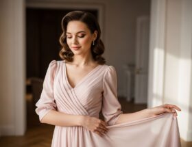 Mladá žena v ružových šatách stojaca v elegantnej miestnosti s prirodzeným svetlom a jemným úsmevom