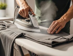 osoba žehlí nohavice na bielom žehlacom prkno, detail na ruky a paru z modernou žehličkou