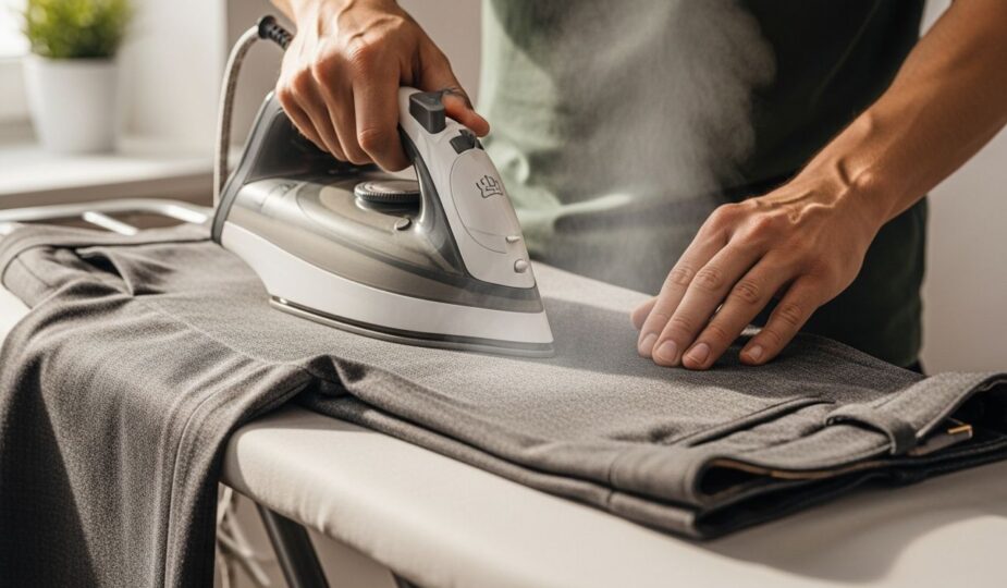 osoba žehlí nohavice na bielom žehlacom prkno, detail na ruky a paru z modernou žehličkou