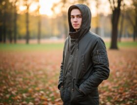 Mladý dospelý v parke v jeseň parku so spadnutým lístím, ruky v kapsách, jemné svetlo.