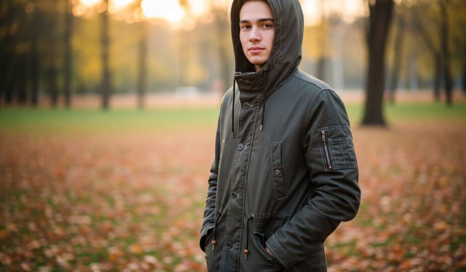 Mladý dospelý v parke v jeseň parku so spadnutým lístím, ruky v kapsách, jemné svetlo.