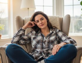 Mladá žena v kárované košeli sedí v kresle v svetlej modernej obývačke pri prirodzenom svetle.