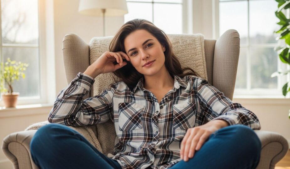 Mladá žena v kárované košeli sedí v kresle v svetlej modernej obývačke pri prirodzenom svetle.