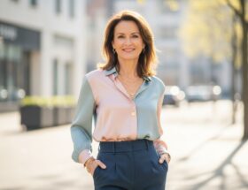 Žena v strednom veku v pohodlnom oblečení stojaca v mestskom prostredí s jemným úsmevom