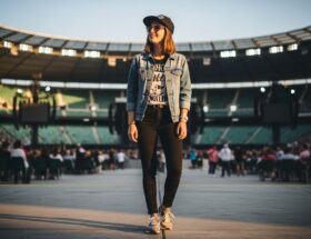 Mladá osoba v denimovej bunde a teniskách pred zaplneným štadiónom počas koncertu.