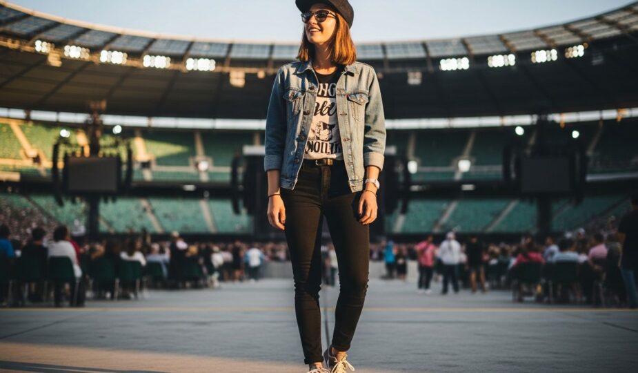 Mladá osoba v denimovej bunde a teniskách pred zaplneným štadiónom počas koncertu.