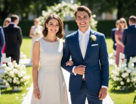 Mladý pár na vonkajšej svadbe, žena v pastelových šatách, muž v tmavomodrom obleku, slnečný deň