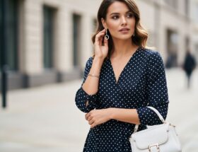Žena v tmavomodrých šatách s bielymi bodkami a striebornými šperkami v mestskom prostredí