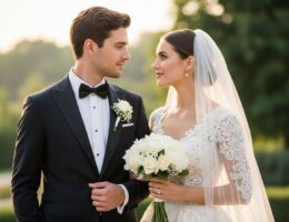 Elegantný nevesta a ženích v luxusnom oblečení vonku pri prirodzenom svetle v klasickom štýle
