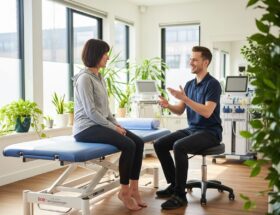 útulná fyzioterapeutická klinika s pacientom a terapeutom pri cvičení, denné svetlo, moderné vybavenie