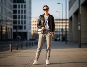 Mladá žena v koženej bunde a bielych teniskách stojí na mestskej ulici za zlatou hodinkou.