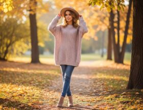 młoda žena v oversized svetríku v jesennom parku so širokým klobúkom a nízkymi čižmami